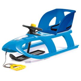 Sanie Bullet Control albastra, cu scaun ergonomic pentru copii, volan pentru controlul directiei, sina alunecare din otel, 102.5x40x45cm