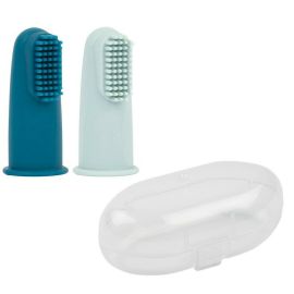 Set 2 periute de dinti pentru deget, Nattou, Cu peri moi, 0% silicon fara BPA, PVC sau ftalati, Include cutie depozitare, 0 luni+, 5 cm, Albastru
