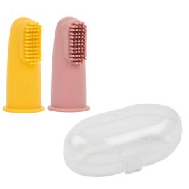 Set 2 periute de dinti pentru deget, Nattou, Cu peri moi, 0% silicon fara BPA, PVC sau ftalati, Include cutie depozitare, 0 luni+, 5 cm, Roz