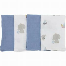 Set 4 lavete, Bubaba, Din muselina, Dimensiune 40x40 cm, Pentru spalarea si ingrijirea fetei si a corpului bebelusului dupa masa sau baita, Blue Ship