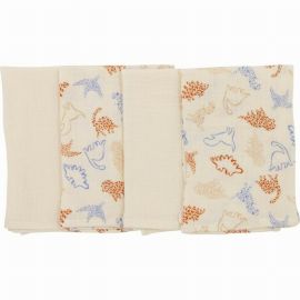 Set 4 lavete, Bubaba, Din muselina, Dimensiune 40x40 cm, Pentru spalarea si ingrijirea fetei si a corpului bebelusului dupa masa sau baita, Beige Animals