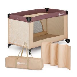 Patut pliant, Petite&Mars, Nyja, 120 x 60 cm, Cu roti, Functie de tarc, Pliere compacta, Include geanta de transport, Intrare laterala cu fermoar, Pereti din plasa, Pana la 15 kg, 0-30 luni, Maro