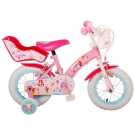 Bicicleta E&L Disney Princess 12 inch Pink, frana de mana pe ambele roti, scaun si ghidon reglabil, suport pentru papusi, cosulet pe ghidon, roti gonflabile