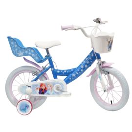 Bicicleta Denver Disney Frozen 14 inch, frana de mana pe ambele roti, clopotel, roti ajutatoare detasabile, suport pentru papusi, cosulet transport pe ghidon