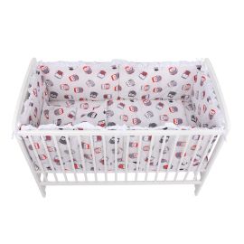 Lenjerie patut 5 piese, BabyNeeds, Cu doua protectii laterale, Pernuta, Plapumioara, Cearceaf, Din bumbac, Pentru patut 120x60 cm, Cu volanas, Bufnite, Gri-Rosu