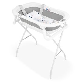 Cadita de baie pliabila, Qmini, Foldy Pro, Cu suport metalic si pernuta de baie, Cu termometru electronic, Cu dop si furtun pentru scurgere, Antiderapanta, 80×49 cm, Alb/Gri