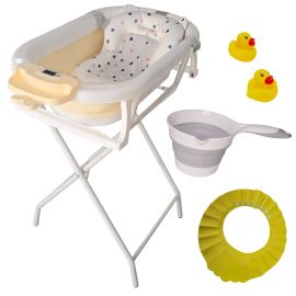 Cadita pliabila bej cu suport metalic KidsCare, termometru, perna reductor, jucarii, protectie cap, cana pliabila