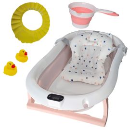 Cadita pliabila roz KidsCare, termometru, perna reductor, jucarii, protectie cap, cana pliabila