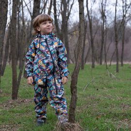 Salopeta impermeabila pentru copii Kidscare, cu protectie la vant si apa cu imprimeu Cosmos - marime 86