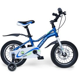 Bicicleta pentru copii 3-6 ani HappyCycles KidsCare, roti 14 inch, cu roti ajutatoare si frane pe disc, albastru