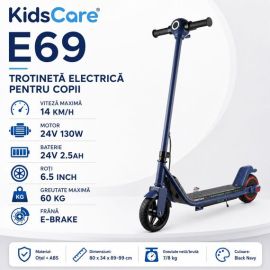 Trotineta electrica copii KidsCare E69, motor 130W, baterie 24V 2.5Ah, viteza 14 km/h, lumini, negru