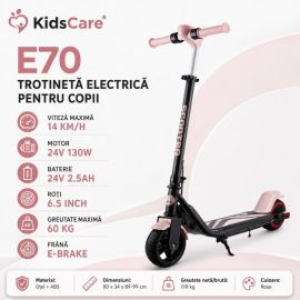 Trotineta electrica copii KidsCare E70, motor 130W, baterie 24V 2.5Ah, viteza 14 km/h, lumini, roz