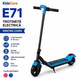 Trotineta electrica copii KidsCare E71, motor 110W, baterie 24V 2.5Ah, viteza 12-15 km/h, Bluetooth, lumini, albastru