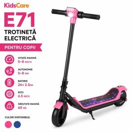 Trotineta electrica copii KidsCare E71, motor 110W, baterie 24V 2.5Ah, viteza 12-15 km/h, Bluetooth, lumini, roz