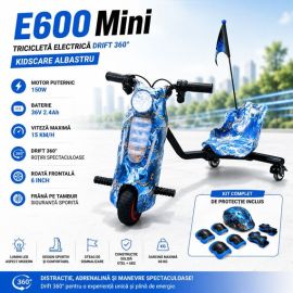 Tricicleta electrica Drift 360 KidsCare E600 Mini pentru copii, motor 150W, viteza maxima 15 km/h, baterie 36V 2.4Ah, lumini LED, roti drift, albastru, kit de protectie inclus