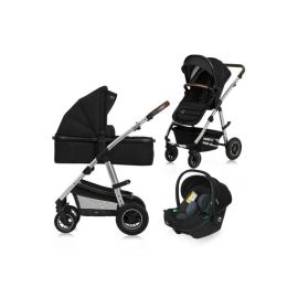 Carucior 3 in 1, Lionelo, Amber, Cadru aluminiu, Cu landou intarit si salteluta moale, Cu scoica auto testata ADAC, Reversibil, Cu accesorii, Geanta parinti, Pana la 22 kg, Negru silver