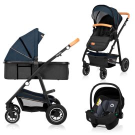 Carucior 3 in 1, Lionelo, Amber, Cadru aluminiu, Cu landou intarit si salteluta moale, Scoica auto, Reversibil, Maner ajustabil, Huse pentru picioare, ploaie, Plasa de tantari, Geanta parinti, Pana la 22 kg, EN1888-1 EN1888-2 EN1466 ECE R44/04, Albastru