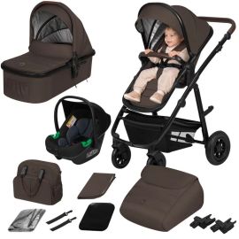 Carucior 3 in 1, Lionelo, Amber, Cadru aluminiu, Cu landou intarit si salteluta moale, Cu scoica auto testata ADAC, Reversibil, Cu accesorii, Geanta parinti, Pana la 22 kg, Maro