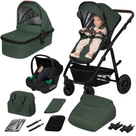 Carucior 3 in 1, Lionelo, Amber, Cadru aluminiu, Cu landou intarit si salteluta moale, Cu scoica auto testata ADAC, Reversibil, Cu accesorii, Geanta parinti, Pana la 22 kg, Verde
