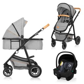Carucior 3 in 1, Lionelo, Amber, Cadru aluminiu, Cu landou intarit si salteluta moale, Scoica auto, Reversibil, Maner ajustabil, Huse pentru picioare, ploaie, Plasa de tantar, Geanta parinti, Pana la 22 kg, EN1888-1 EN1888-2 EN1466 ECE R44/04, Gri deschis