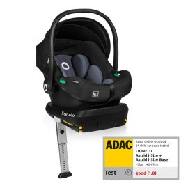 Soica auto,Lionelo, i-Size Astrid, Include baza Isofix, 0-13 Kg, 40-87 cm, Cu maner si capotina reglabile, Cu protectie laterala avansata, Salteluta confortabila, Conform cu R129, Negru/Gri