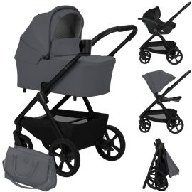 Carucior 3 in 1, Lionelo, Carmine, Cu scoica ADAC, Landou anti-reflux, Salteluta ventilata, Reglare spatar in 3 pozitii, Suport de picioare in 3 pozitii, Maner reglabil in 5 pozitii, Sustine 22 kg, Cu accesorii, 0 luni+, Gri