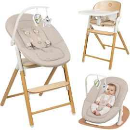 Scaunel multifunctional, Lionelo, Celia, 4 in 1, Functie de balansoar, Din lemn de fag, 6 luni- adult, Reglabil pe inaltime, Spatar lat, Sezut ergonomic, Tavita silicon, Suport de picioare reglabil, Greutate maxima 110 Kg, Alb/Natural