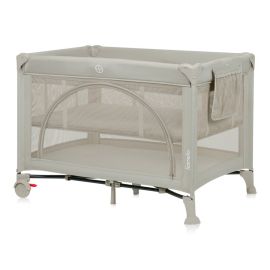 Patut pliant, Lionelo, Laura, 102 x 74 cm, Cu doua nivele, Functie de tarc, Cu roti, Include salteluta si geanta de transport, Pereti din plasa, Deschidere laterala, Pana la 15 kg, 0 luni +, Bej