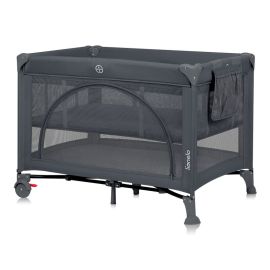 Patut pliant, Lionelo, Laura, 102 x 74 cm, Cu doua nivele, Functie de tarc, Cu roti, Include salteluta si geanta de transport, Pereti din plasa, Deschidere laterala, Pana la 15 kg, 0 luni +, Gri