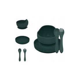 Set de hranire, Petite&Mars, Cu farfurie, Bol si tacamuri, Din silicon fara BFA, Verde inchis