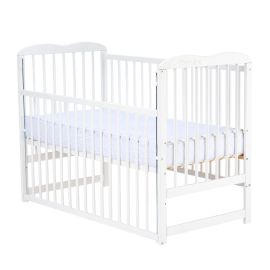 Patut din lemn bebe, 120x60 cm, Cu laterala culisanta, Din lemn de pin, Stabil si rezistent, Inaltime saltea reglabila pe 3 nivele, Laterala cu 3 bete detasabile, EN716-1, EN716-2, Alb, Qmini, Agata