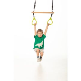 Leagan, Dice, In forma de trapez, Cu inele de plastic si suprafata din lemn, Cu franghie, Ajustabil pe inaltime pana la 250 cm, 3+ ani, Lime Green