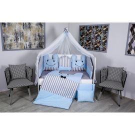 Lenjerie MyKids 11piese Figures gri-albastru cu  baldachin 120x60 cm