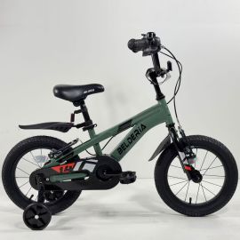 Bicicleta pentru copii 3-6 ani Belderia Cross, roti 14 inch, cu roti ajutatoare si frane V-Brake, verde
