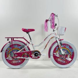 Bicicleta pentru copii 8-12 ani Belderia Dora, roti 20 inch, frane V-Brake, alb, cu cosulet si portbagaj