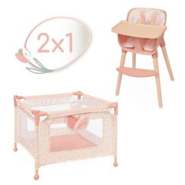 Set 2 in 1 pentru papusi, tarc de joaca si scaun de masa, lemn si textil, colectia Tulipe, Roz