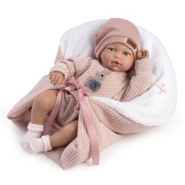Papusa clasica, Blanca, 38 cm, corp moale cu greutate, cu hainute si patura roz de lana incluse