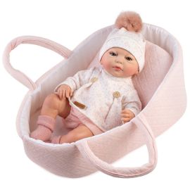 Papusa reborn prematura Silvia, 38 cm, in cosulet roz, pictata manual, corp textil si membre din vinil, cu accesorii incluse