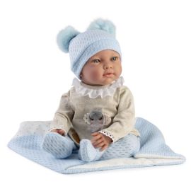 Papusa realista cu corp moale Marc, 42 cm, corp textil si membre din vinil, cu paturica si accesorii incluse