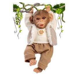 Papusa reborn maimuta, 32 cm, corp din material textil, design expresiv si pietenos, cu pantalon raiat bej, tricou si hanorac, 3 ani+