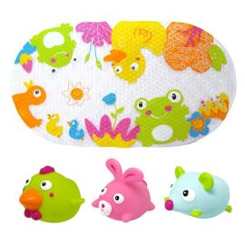Set de baie 4 piese, Knorr Toys, include covoras de baie din PVC 69x39 cm si 3 jucarii animalute, 0 Luni+