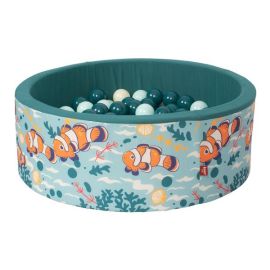 Piscina cu bile pentru copii, Knorr Toys, contine 150 bile multicolore, umplutura din spuma moale, husa bumbac 100% detasabila si lavabila, diametru 90 cm, inaltime 30 cm, 0 Luni+, Clownfish